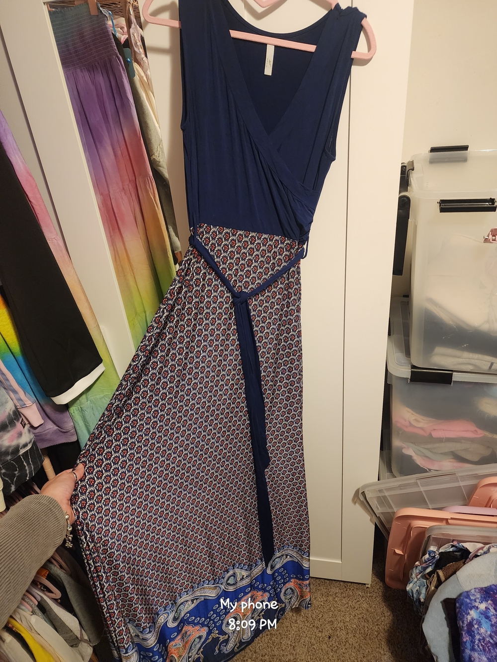 Tua Navy Wrap Bodice Maxi Skirt Dress with Printed Skirt